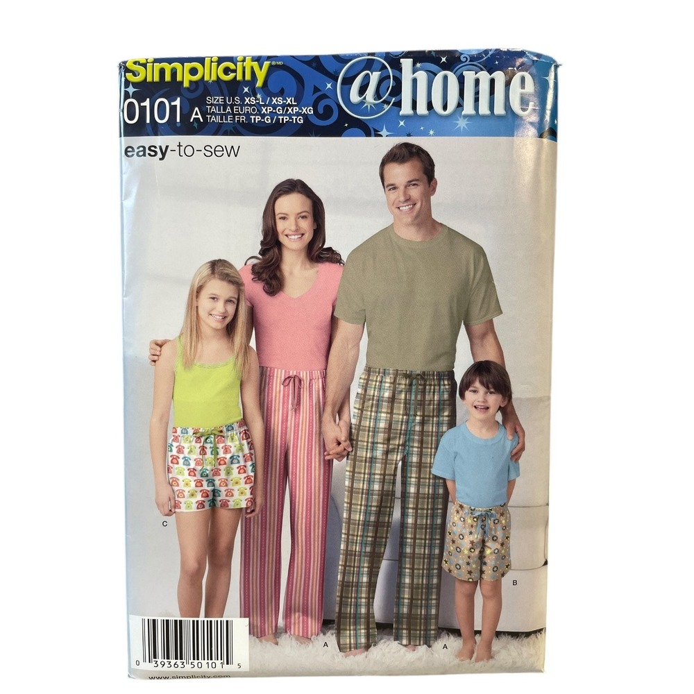 Simplicity 0101 Pajama Pants Shorts Family Sleepwear XS-L XS-XL Easy-to-Sew